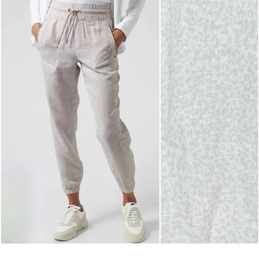 Athleta Cabo Linen Jogger Pants in Micro Cheetah Print Abalone Gray White